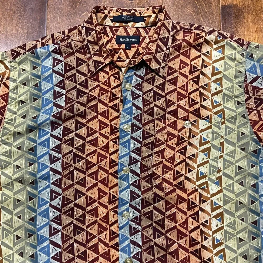 Marc Edwards Vintage Geometric Multicolored Button Front Rayon Shirt Men's Large - Picture 2 of 8